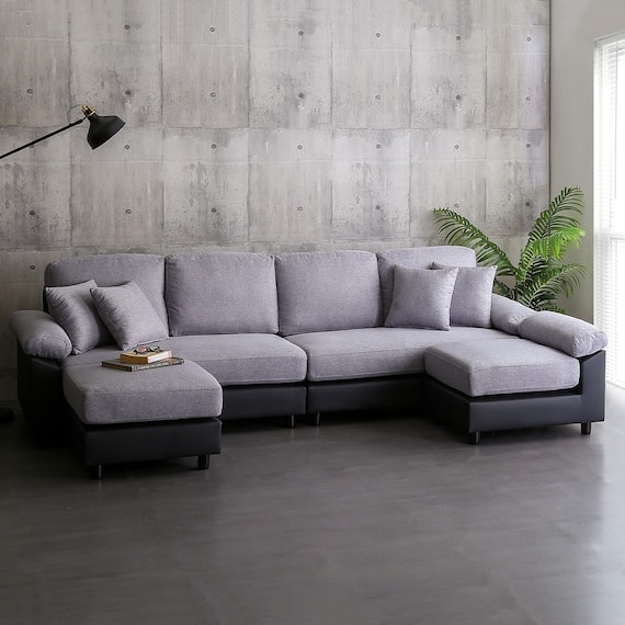 6人掛けコーナーカウチソファ PVC×布張りタイプ (GY/BK) 1枚目画像