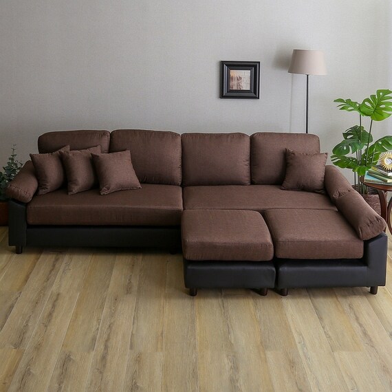 6人掛けコーナーカウチソファ PVC×布張りタイプ (BR/BK) 1枚目画像