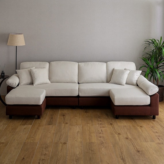 6人掛けコーナーカウチソファ 布張りツートンタイプ (IV) 1枚目画像