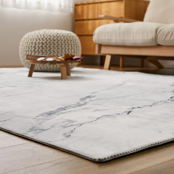 大理石柄の洗える起毛プリントラグ 190X240 WH 7枚目画像