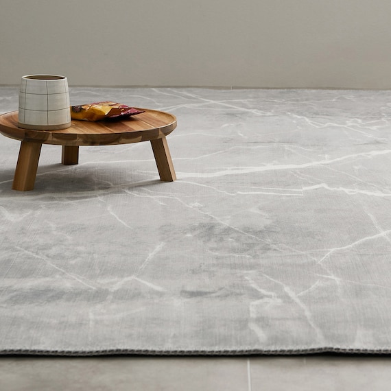 大理石柄の洗える起毛プリントラグ 190X190 GY 6枚目画像