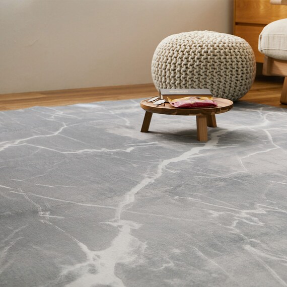 大理石柄の洗える起毛プリントラグ 190X190 GY 7枚目画像