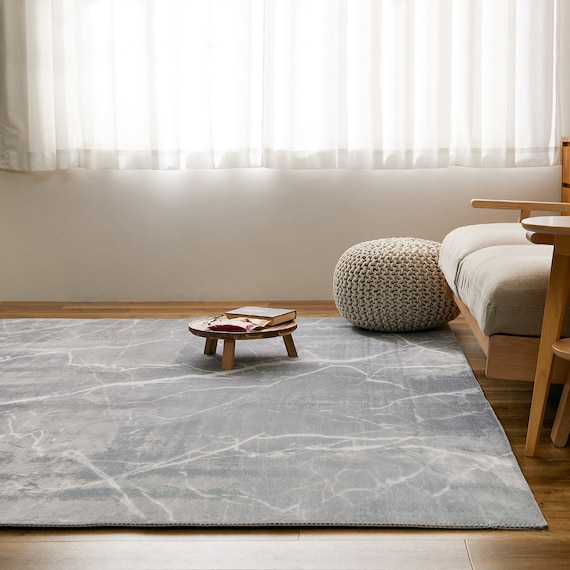 大理石柄の洗える起毛プリントラグ 190X190 GY 8枚目画像
