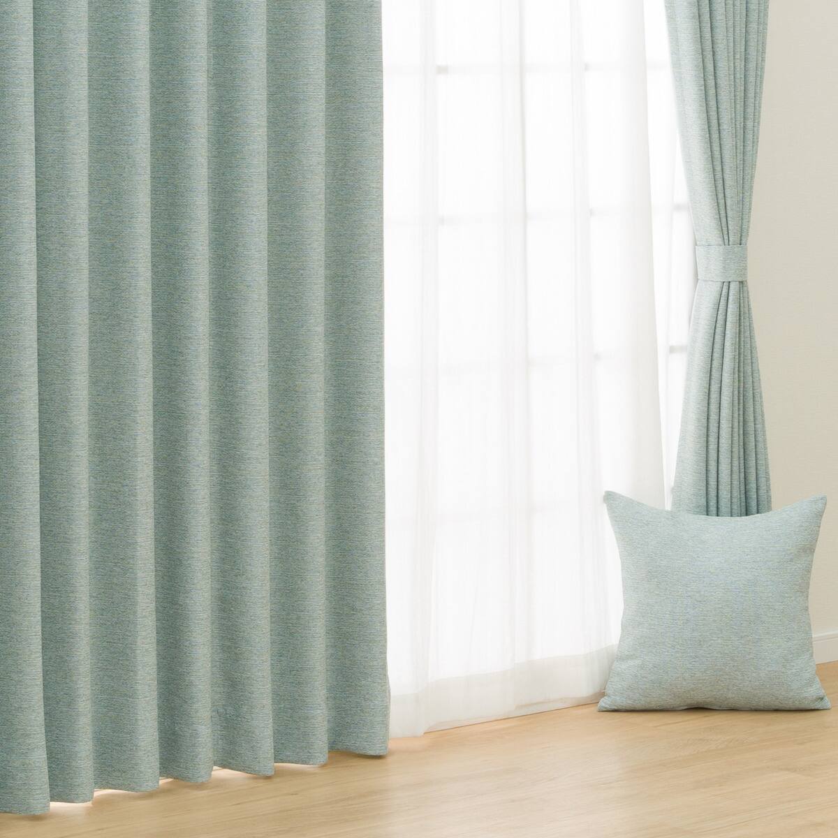 オーダーカーテン ECO006 ターコイズブルー 2倍ヒダ(幅-100/丈-140cm