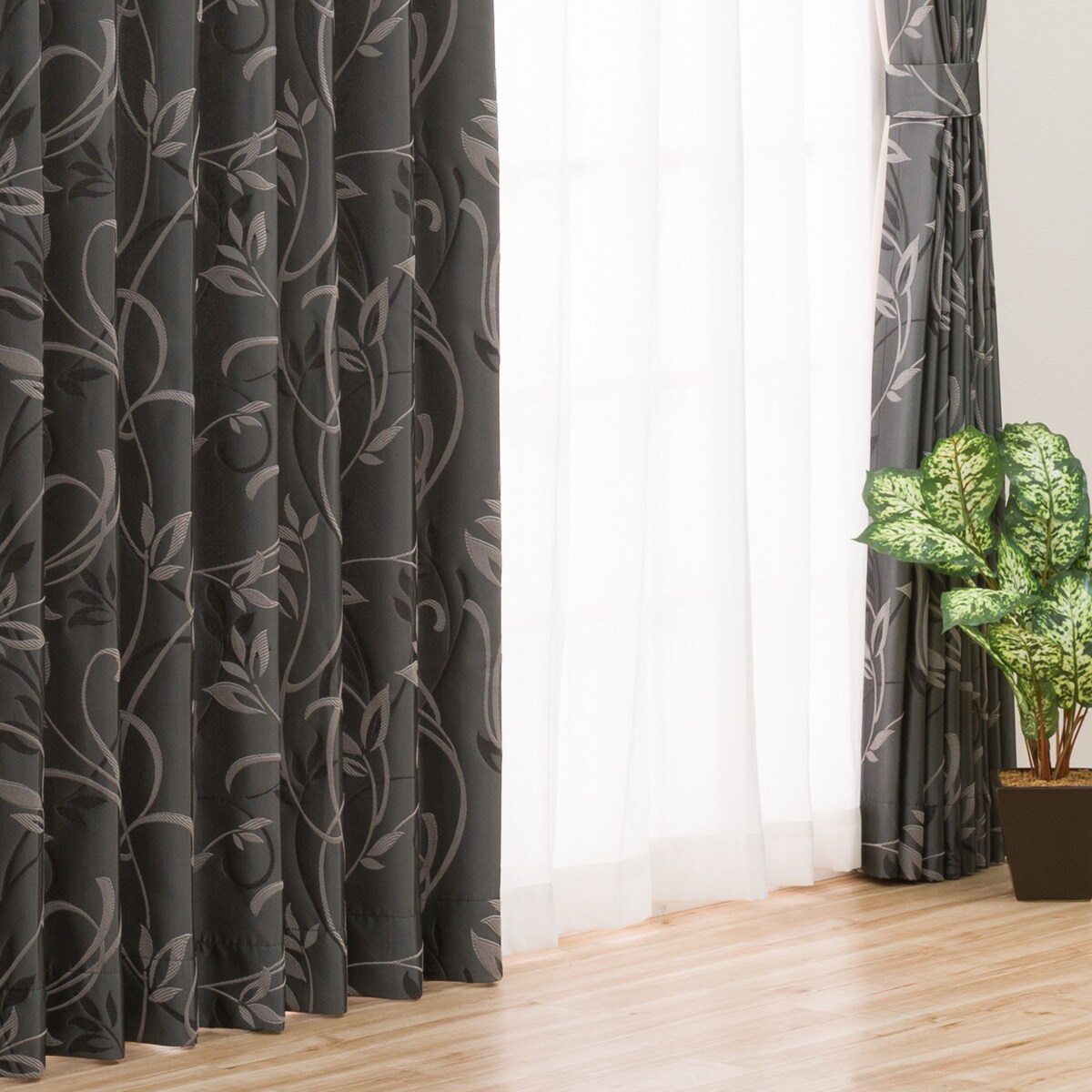 裏地付きオーダーカーテン アルビレオ グレー 2倍ヒダ(幅-100/丈-140cm