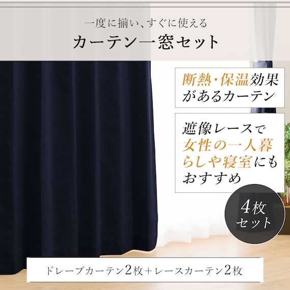 遮光1級・遮熱・遮音カーテン&遮熱・遮像レース4枚セット(RP002 NV 100X135cmセット) 4枚目画像