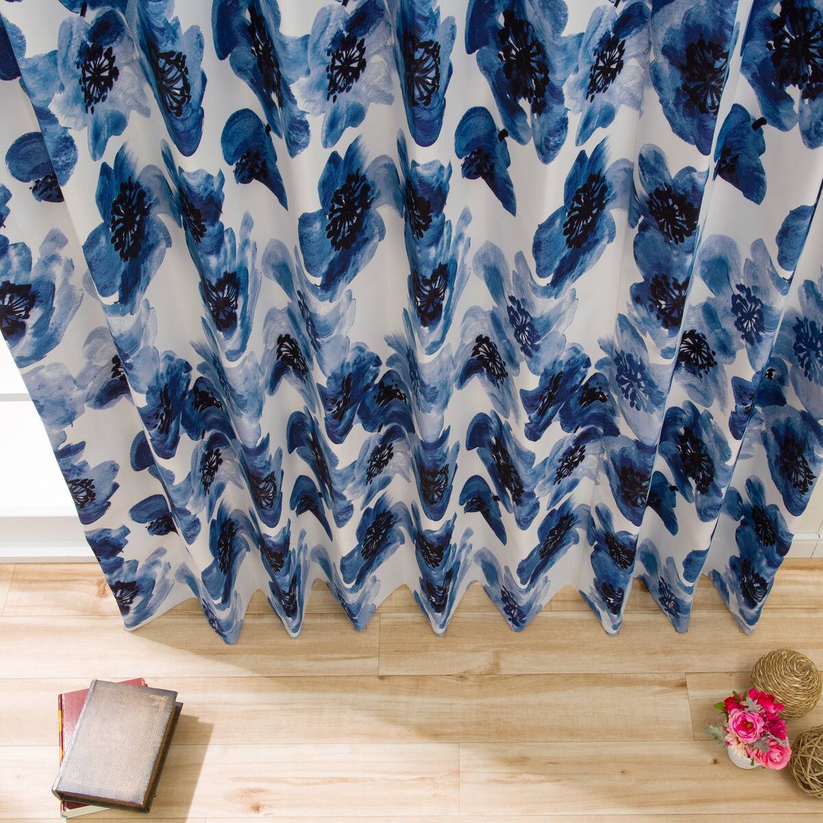 遮光2級オーダーカーテン ガゼット ブルー 2倍ヒダ(幅201-300/丈141