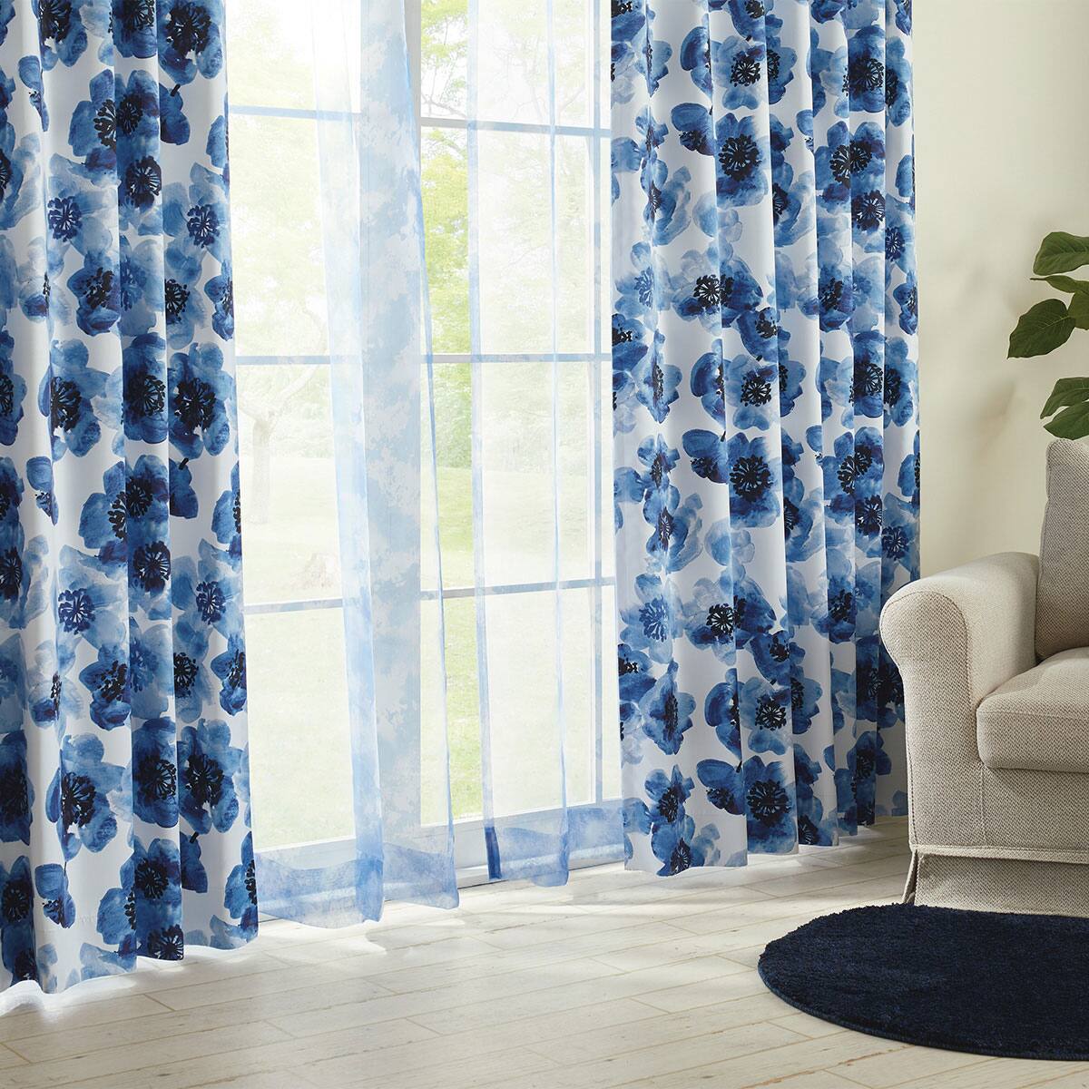 遮光2級オーダーカーテン ガゼット ブルー 2倍ヒダ(幅101-200/丈141