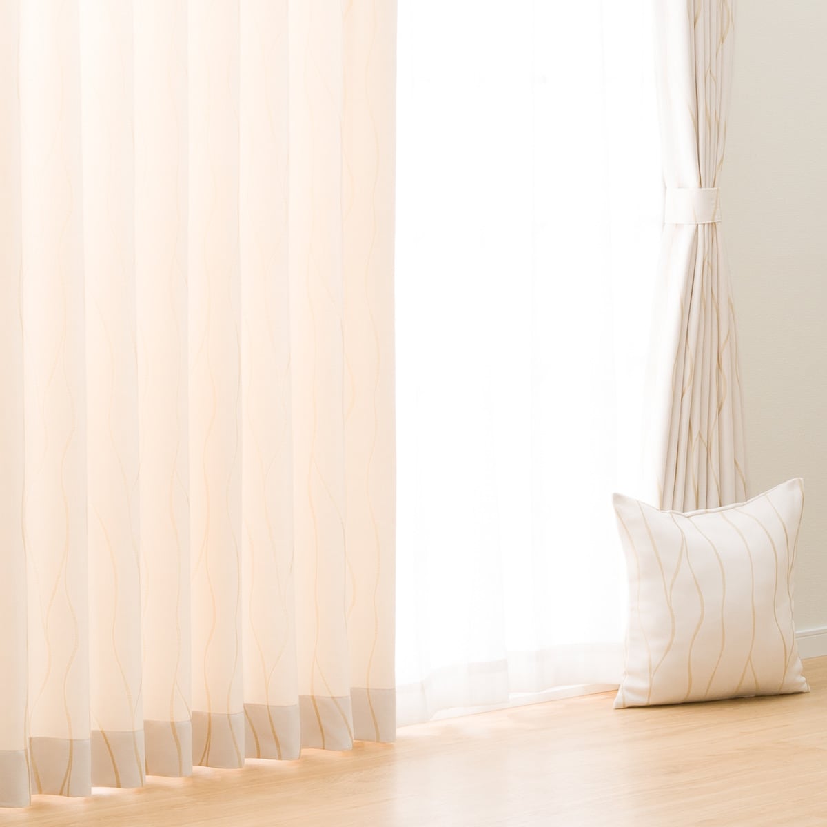 防炎裏地付きオーダーカーテン ソルト アイボリー 2倍ヒダ(幅-100/丈