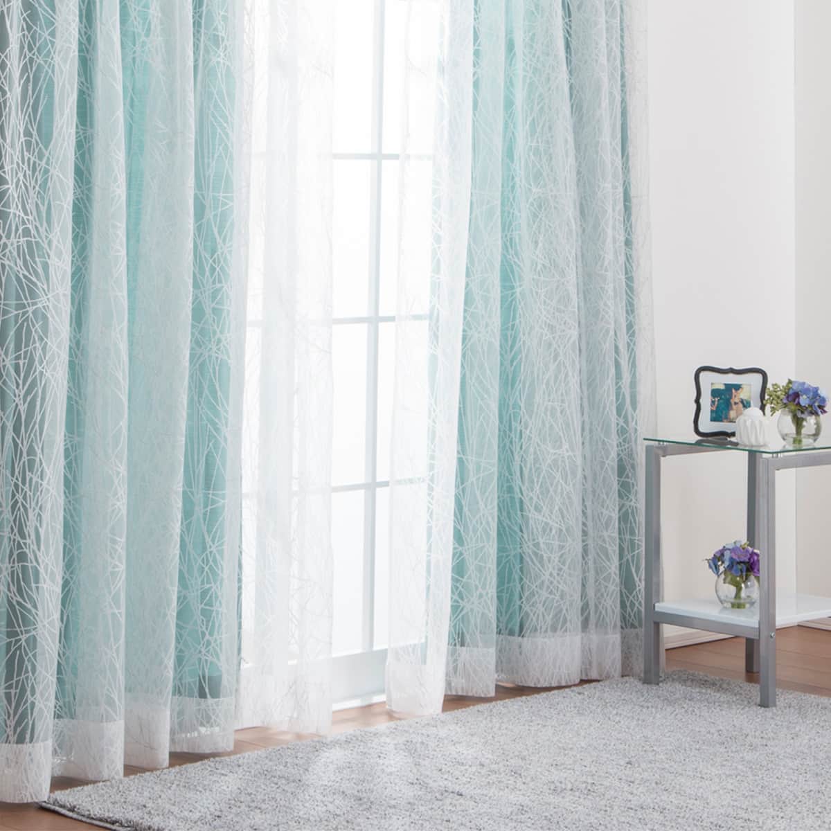 防炎裏地付きオーダーカーテン タンガニー ターコイズブルー 2倍ヒダ