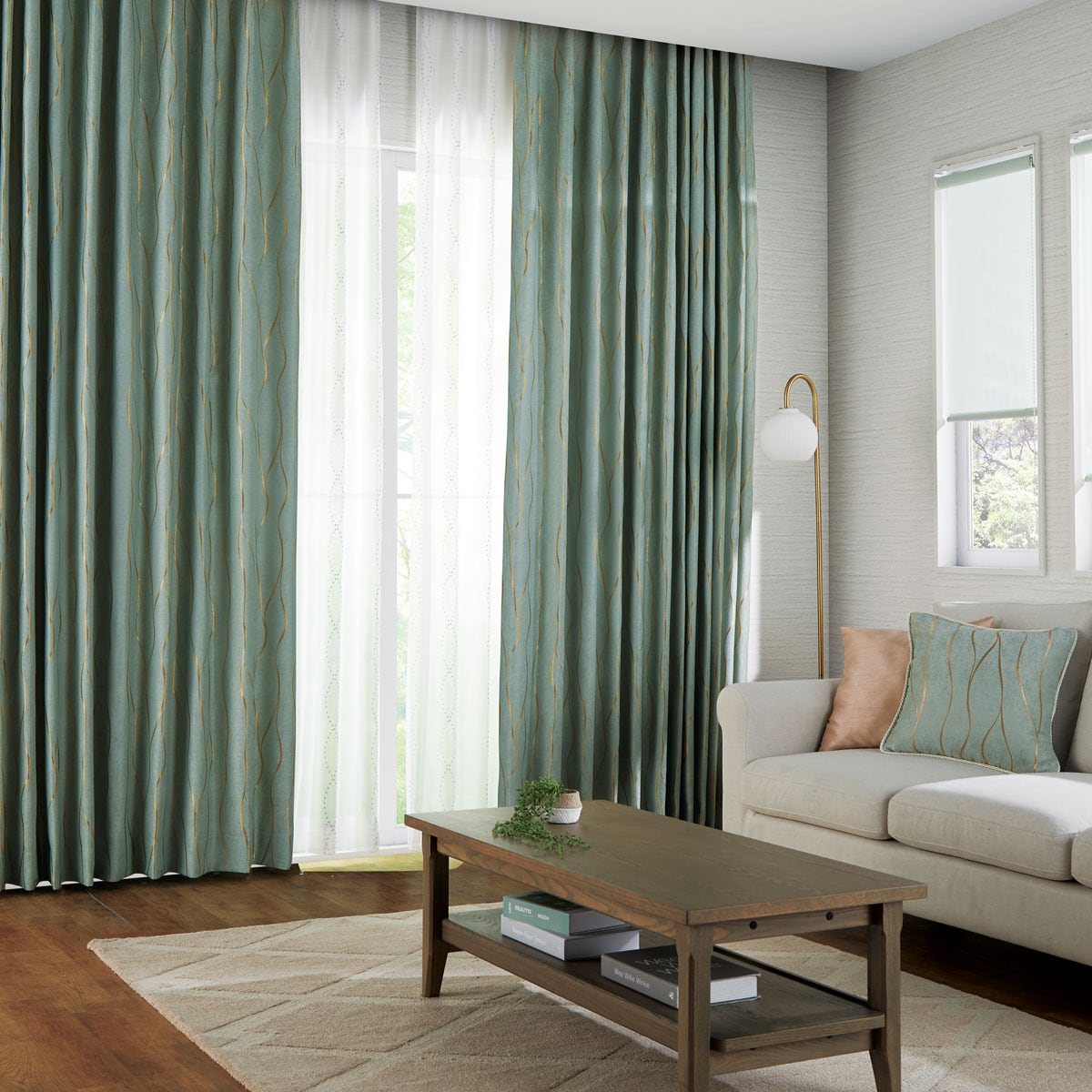 防炎オーダーカーテン ソルト グリーン フラット(幅-135/丈