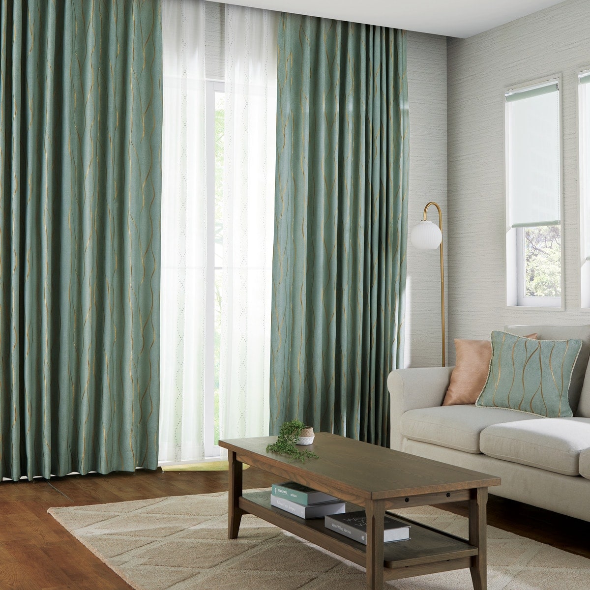 防炎裏地付きオーダーカーテン ソルト グリーン 2倍ヒダ(幅-100/丈