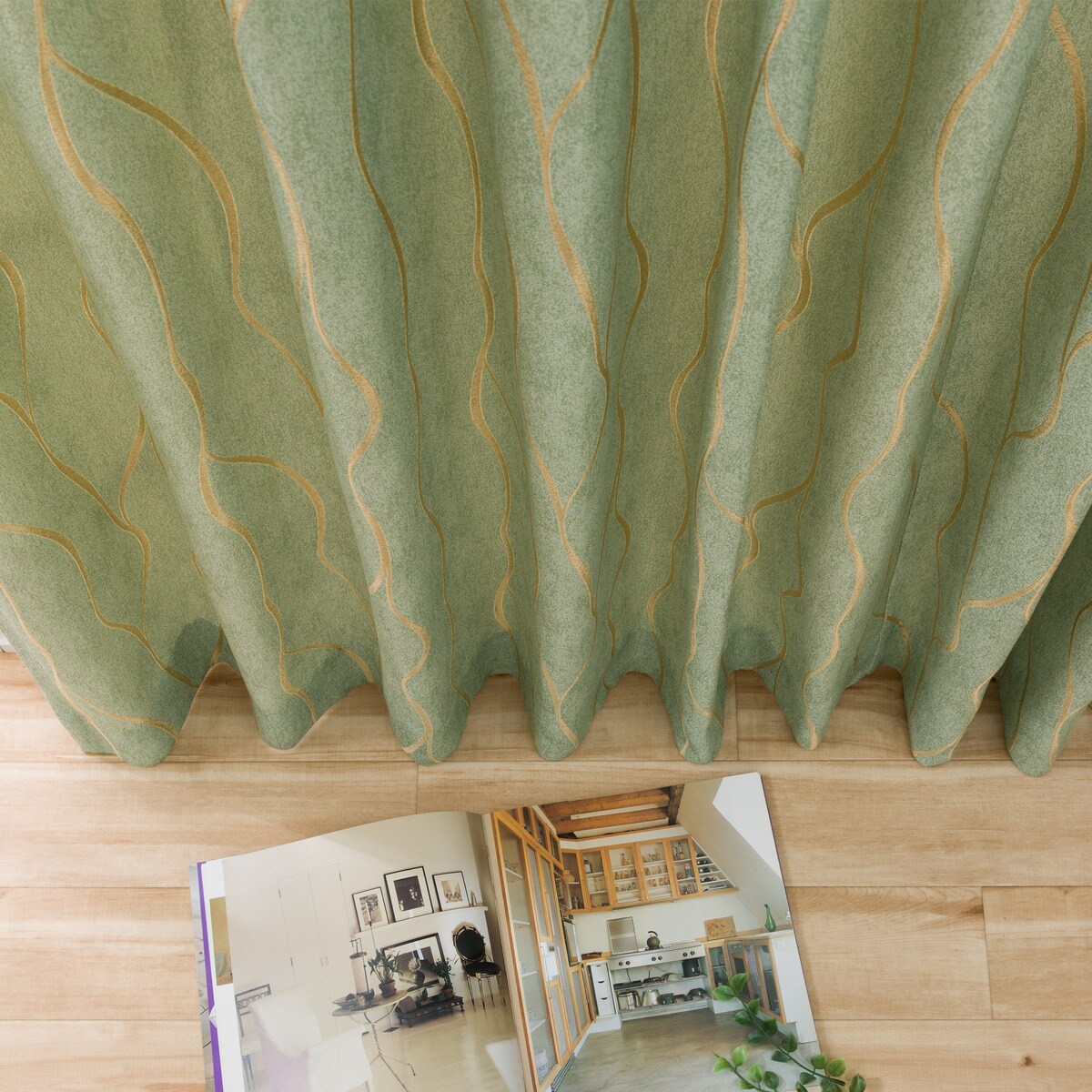 防炎裏地付きオーダーカーテン ソルト グリーン 2倍ヒダ(幅-100/丈