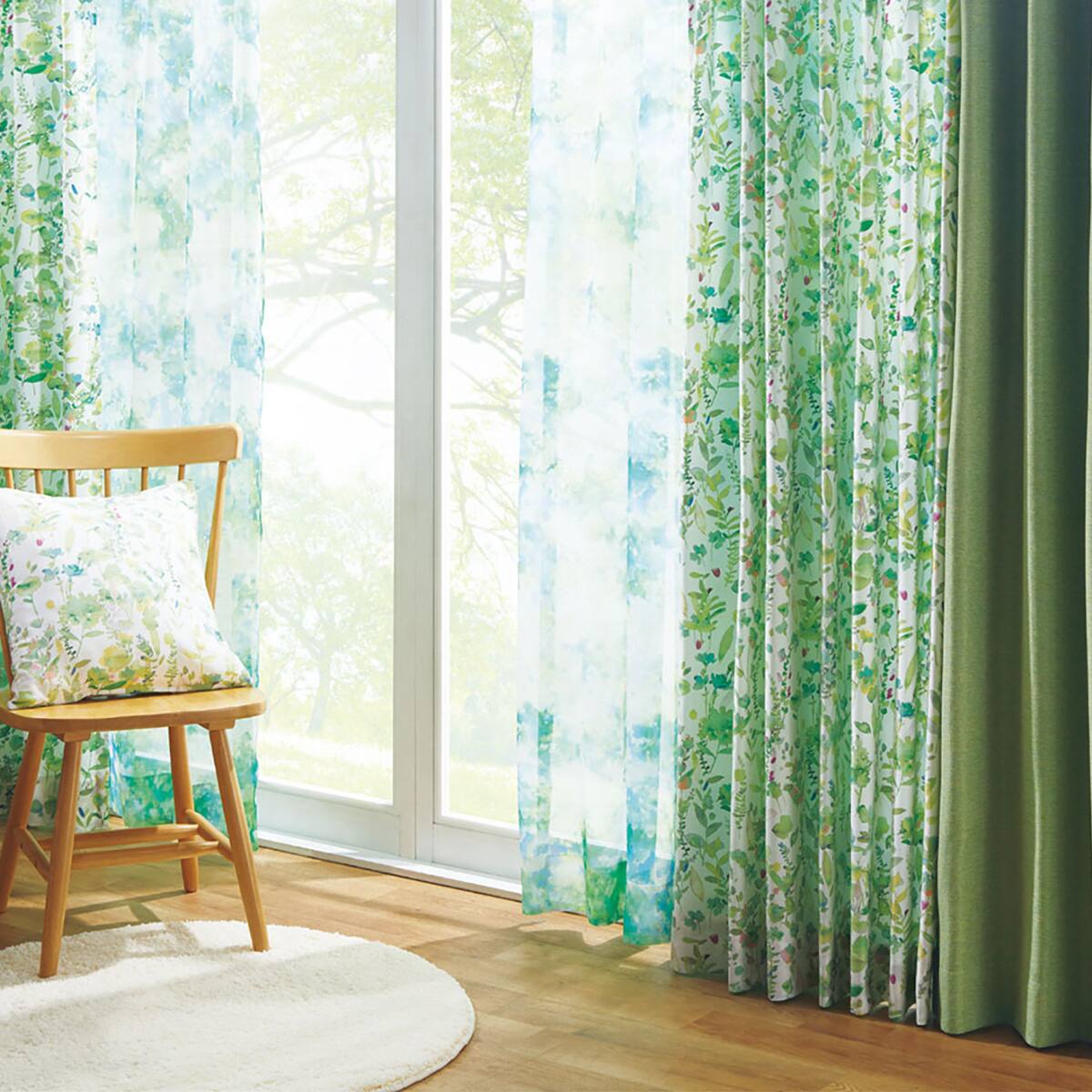 遮光2級・防炎オーダーカーテン トワン グリーン 2倍ヒダ(幅-100/丈201