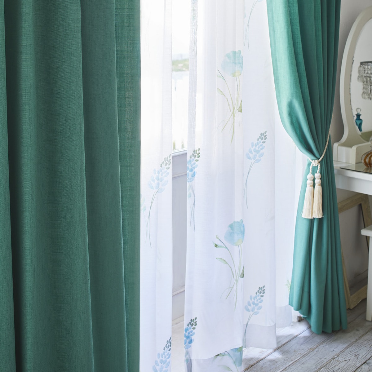 オーダーレース アイミスユ ブルー 2倍ヒダ(幅-100/丈141-200cm