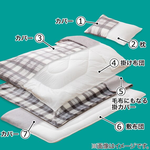毛布にもなる掛ふとんカバー付き 寝具7点セット シングル(Nウォーム S2301 GY S) 2枚目画像