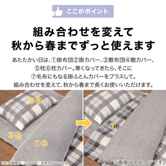 毛布にもなる掛ふとんカバー付き 寝具7点セット シングル(Nウォーム S2301 GY S) 11枚目画像
