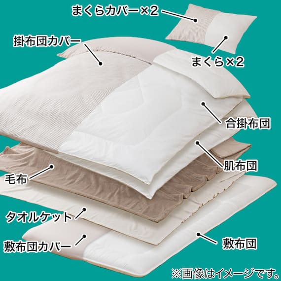 カバー付き 2枚合わせ掛け布団 布団セット 11点 (S2306 ダブル ベージュ) 3枚目画像