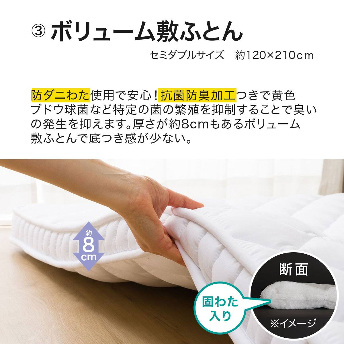 カバー付き ボリューム敷布団 布団セット 6点 (S2306 セミダブル