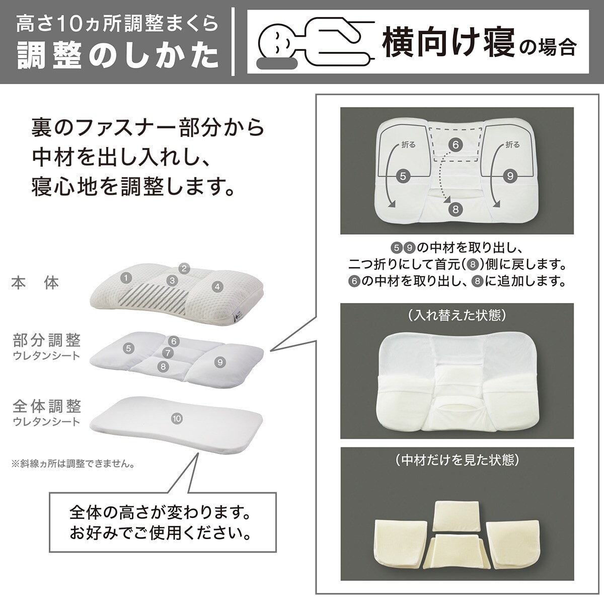 高さ10ヵ所調整できる枕(パイプ)