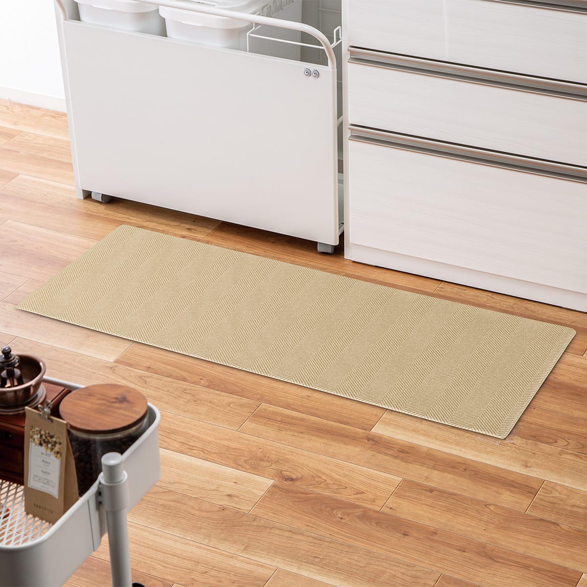 拭けるキッチン用クッションフロアマット(PVC ヘリンボーンBE45X120