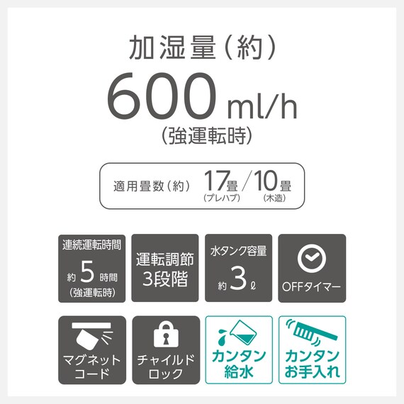 お手入れ簡単スチーム加湿器(KSY-603 ホワイト) 4枚目画像