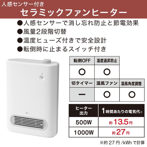 人感センサー付きセラミックファンヒーター(NN ホワイト) 2枚目画像
