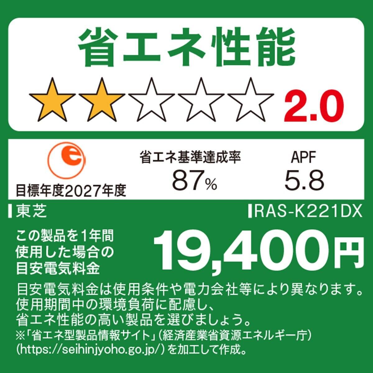 東芝 大清快プラズマ空清搭載エアコン 6畳用(RAS-K221DX)(標準取付工事