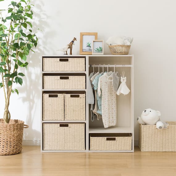 ハンガーポール付き キッズ収納 カラーボックスNカラボレギュラーサイズ バスケット付き ホワイトウォッシュ 1枚目画像