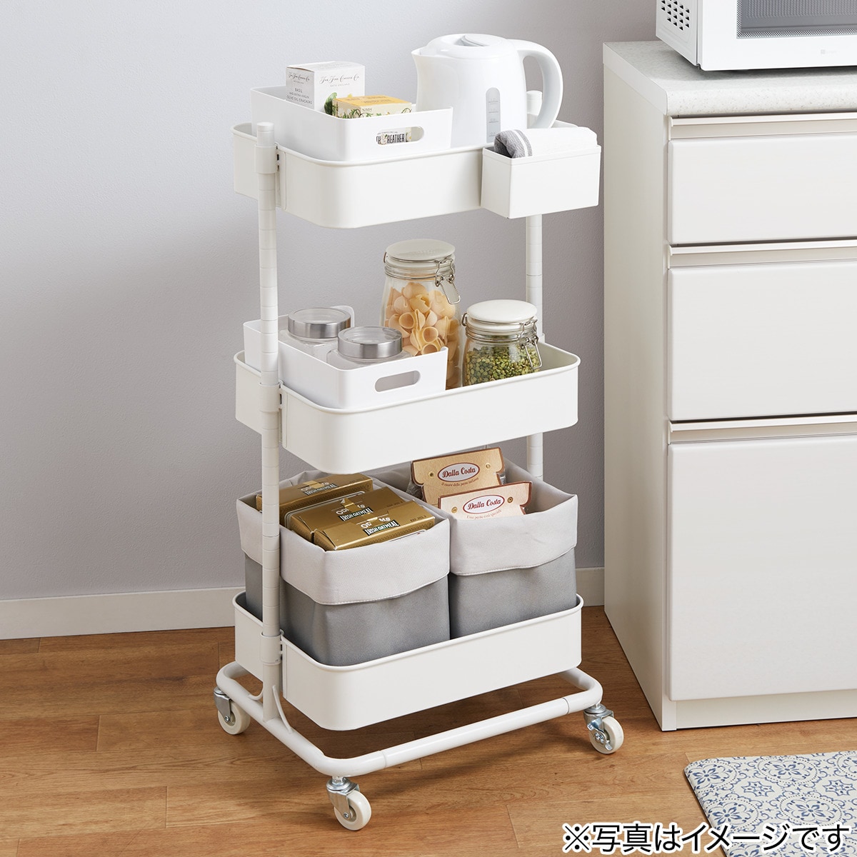 高さ調節ができるスチールワゴン トロリ2(ホワイト)