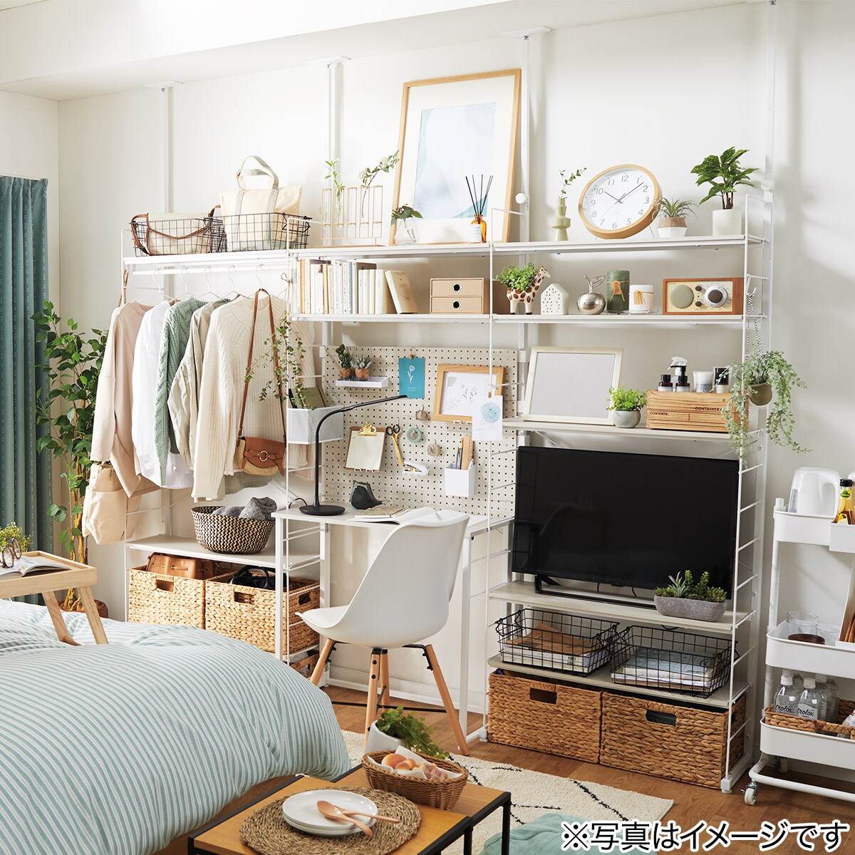 幅240cmセット 【一人暮らしデスク付き】突っ張り壁面収納Nポルダ3連