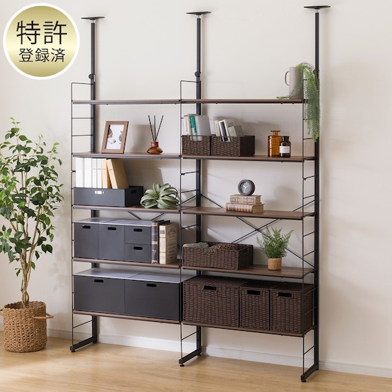 突っ張り壁面収納Nポルダ2連セット(幅80cm+80cm ミドルブラウン) 1枚目画像