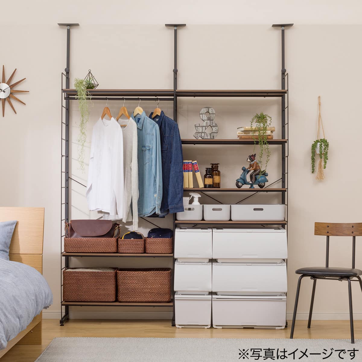 突っ張り壁面収納Nポルダ2連セット(幅80cm+80cm ミドルブラウン