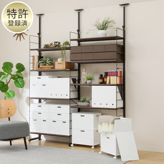 突っ張り壁面収納Nポルダ リビング収納2連セット(幅80cm ミドルブラウン) 1枚目画像