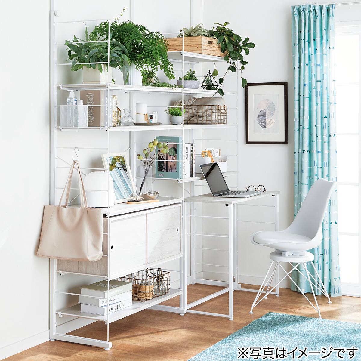 突っ張り壁面収納Nポルダディープ2連＋デスクセット(幅160cm ホワイト