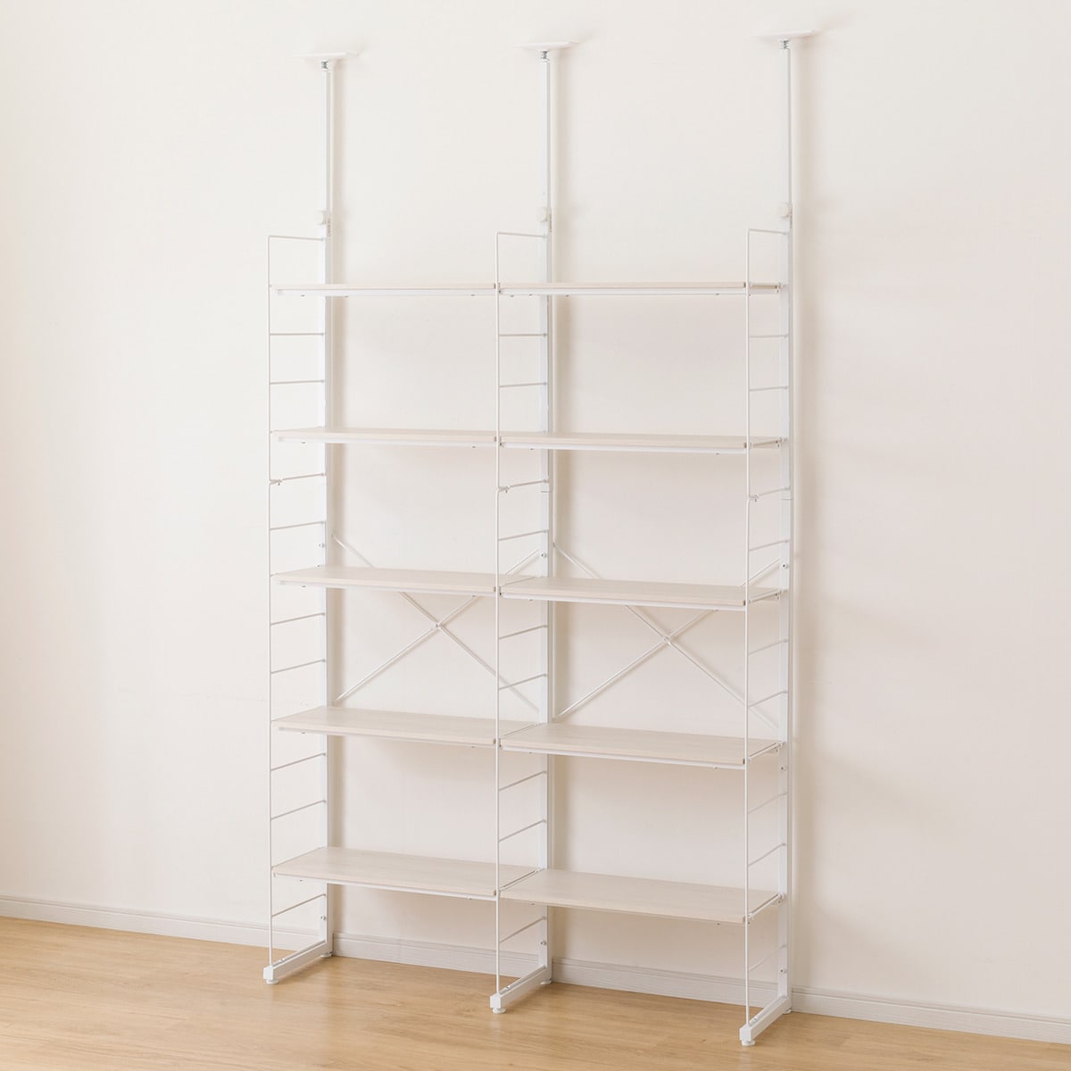 突っ張り壁面収納Nポルダ2連セット(幅60cm+60cm ホワイトウォッシュ