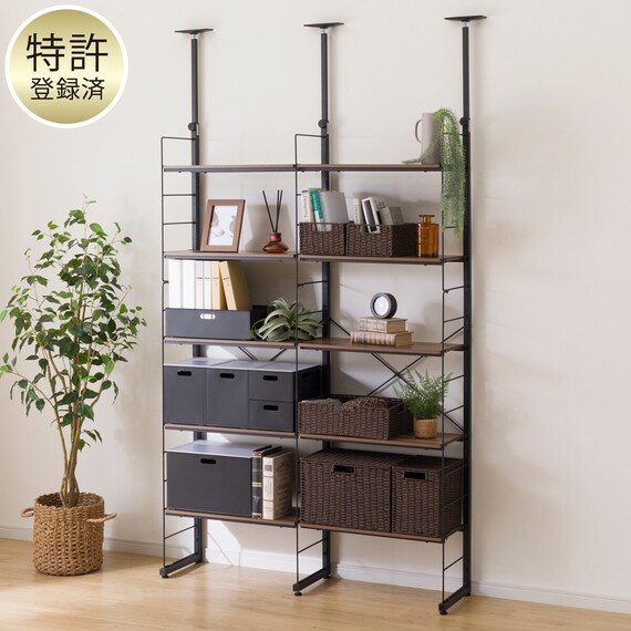 突っ張り壁面収納Nポルダ2連セット(幅60cm+60cm ミドルブラウン) 1枚目画像