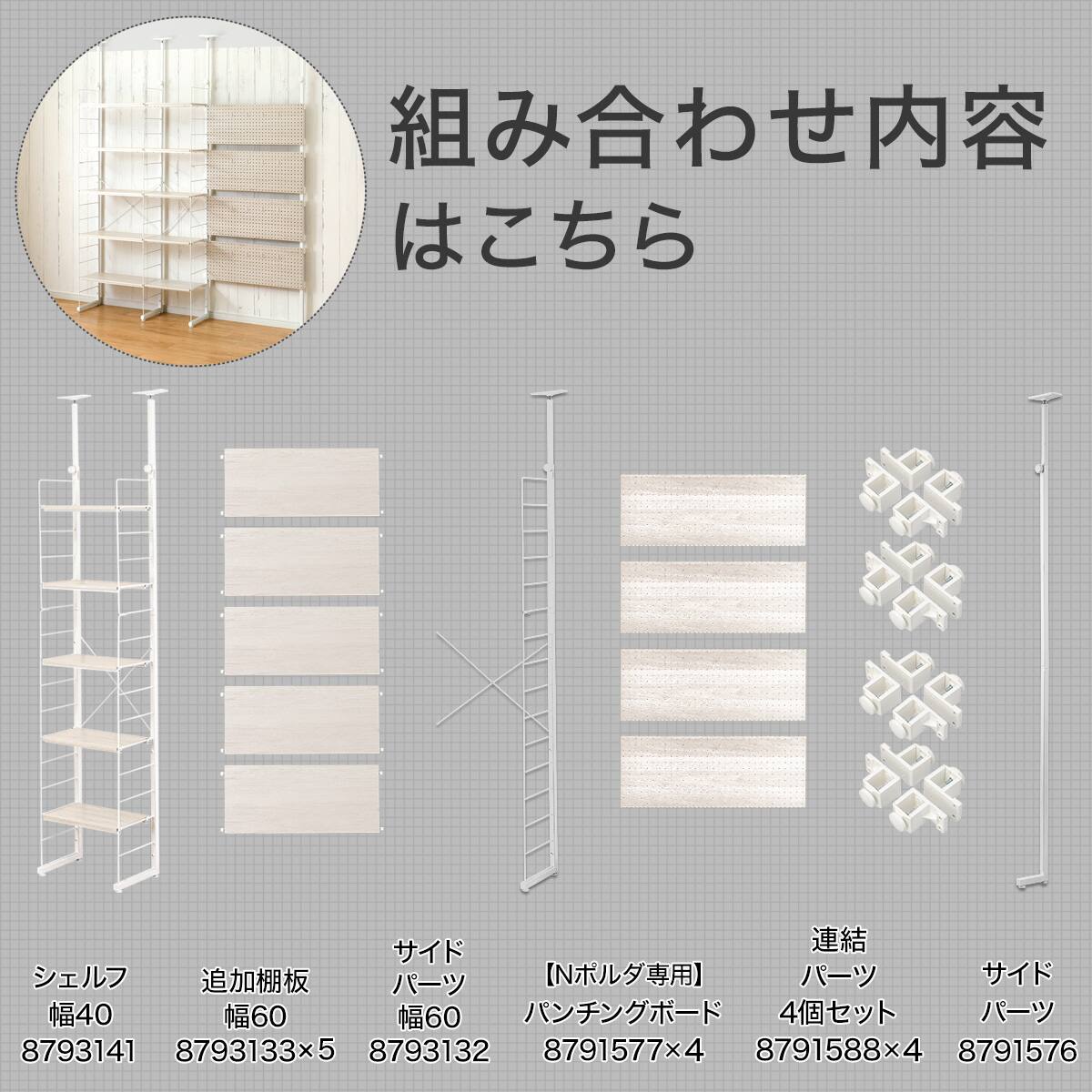 幅180cmセット 【パンチング/棚板10枚】突っ張り壁面収納Nポルダ3連