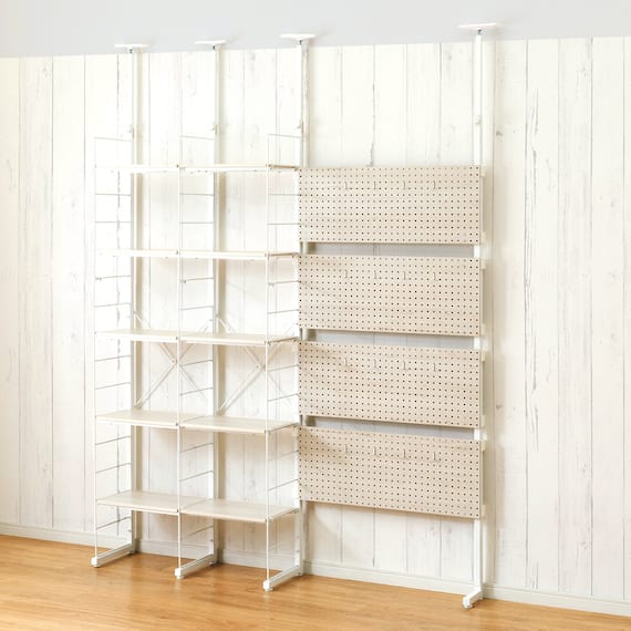 幅160cmセット 【パンチング/棚板10枚】突っ張り壁面収納Nポルダ3連 ホワイトウォッシュ 2枚目画像