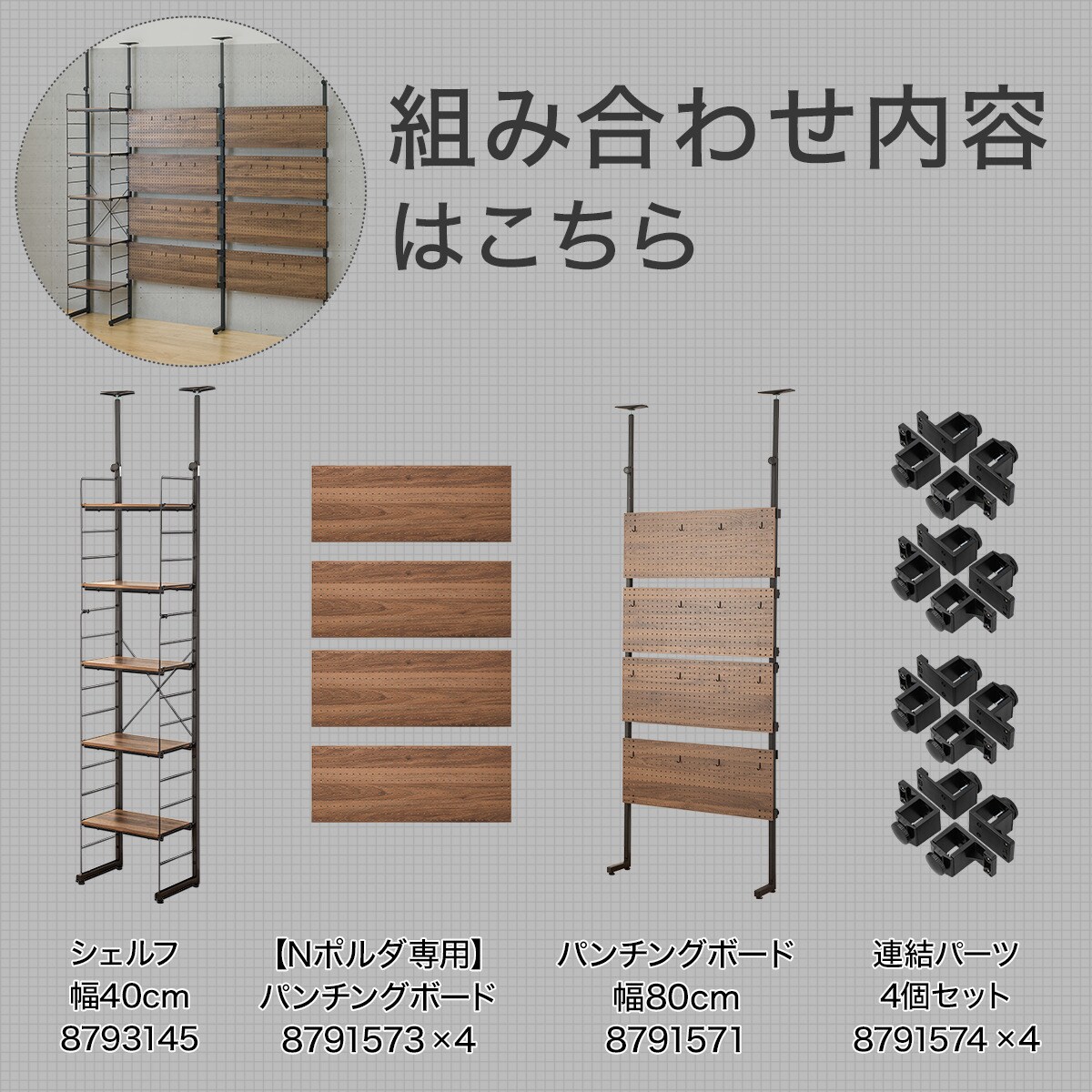 幅200cmセット 【パンチング棚板/5枚】突っ張り壁面収納Nポルダ3連