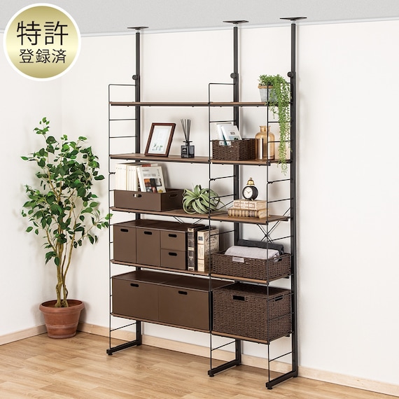 突っ張り壁面収納Nポルダ2連セット(幅80cm+40cm ミドルブラウン) 1枚目画像