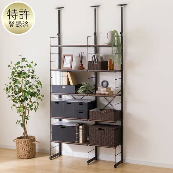 突っ張り壁面収納Nポルダ2連セット(幅40cm+60cm ミドルブラウン) 1枚目画像