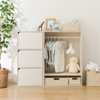 ハンガーポール付き キッズ・ベビー収納 カラーボックスNカラボ扉付き バスケット付き　ホワイトウォッシュ
