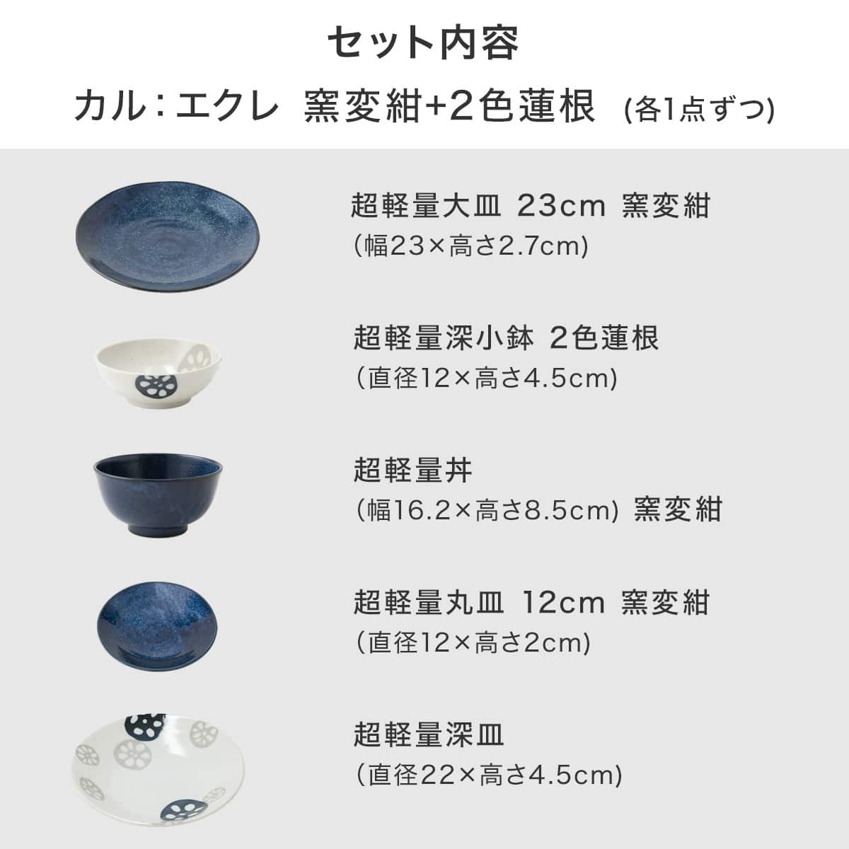 シリーズで食卓が整う 超軽量食器5点セット カル：エクレ（窯変紺/2色