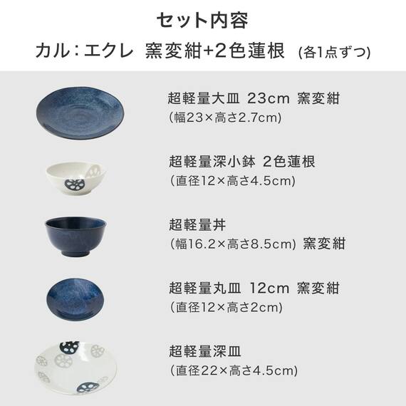 シリーズで食卓が整う 超軽量食器5点セット カル：エクレ（窯変紺/2色蓮根） 2枚目画像