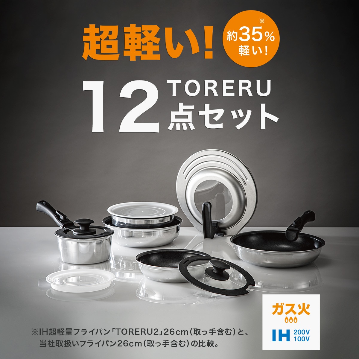 IH・ガス火 取っ手が取れる 軽くて扱いやすい 超軽量鍋フライパン12点セット(TORERU2)