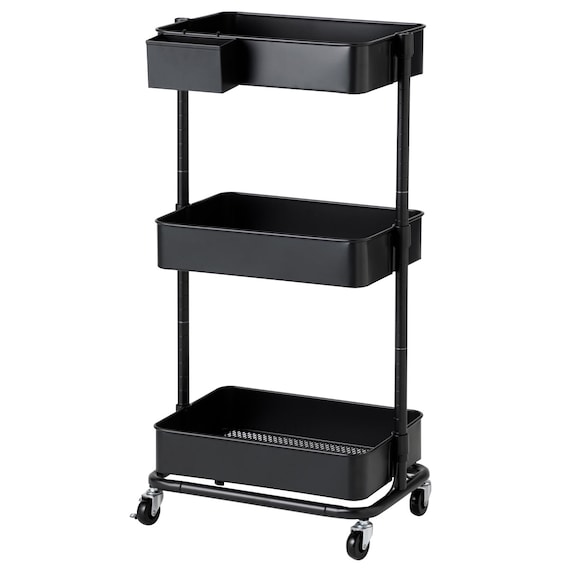 3段とも高さ調節ができるキッチンワゴン (ブラック)【スチールワゴン トロリ3】 1枚目画像
