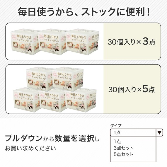泡立ちがよい毎日とりかえスポンジ (30個入り アイボリー) 5点セット 2枚目画像