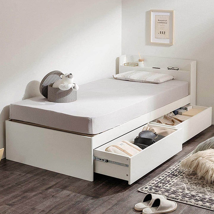 シングル 棚コンセント付きチェストベッドフレーム (SCL 浅引出し