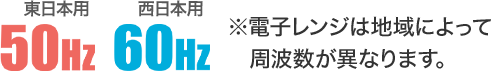東日本用50Hz 西日本用60Hz ※電子レンジは地域によって周波数が異なります。